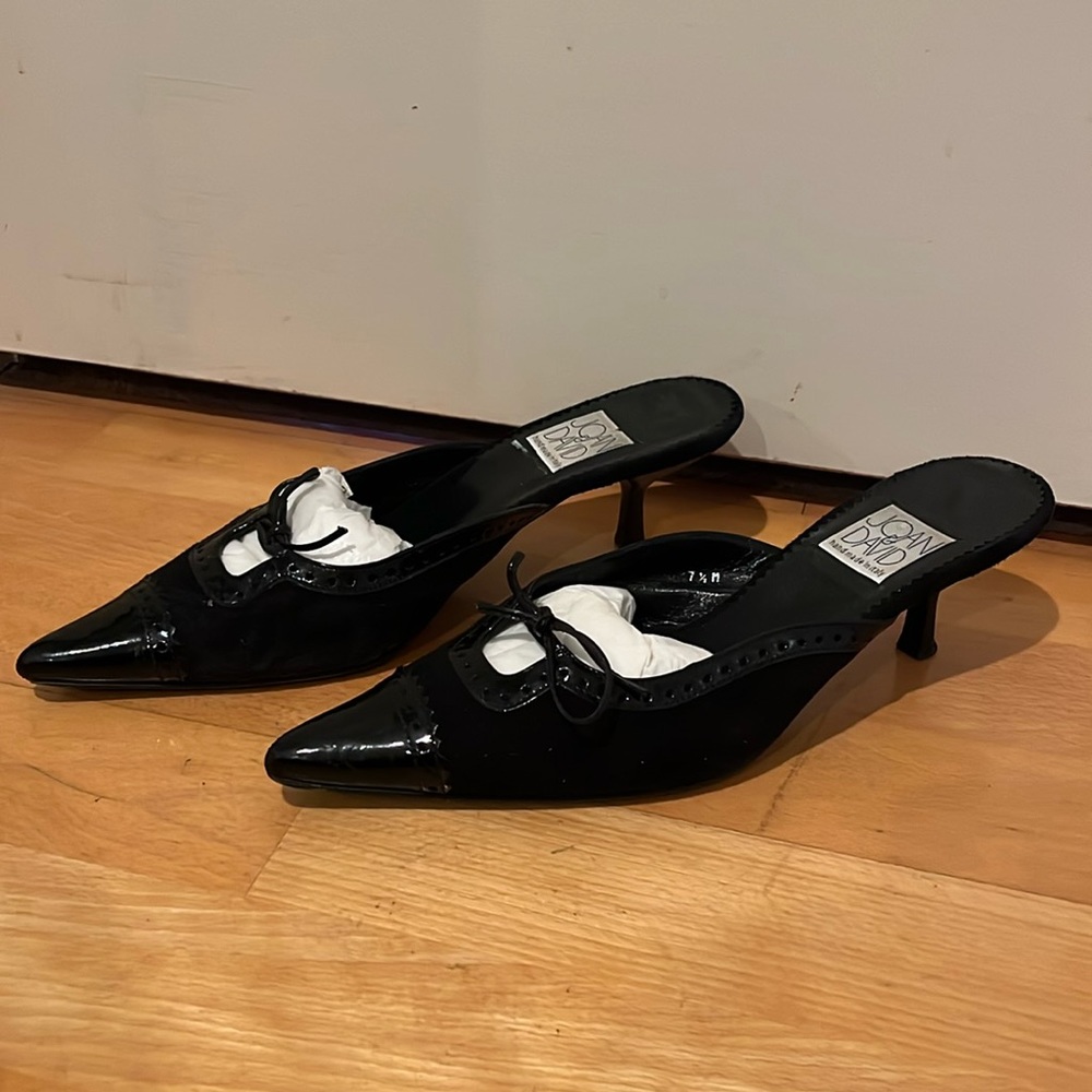Joan and David black patent leather/ suede mules